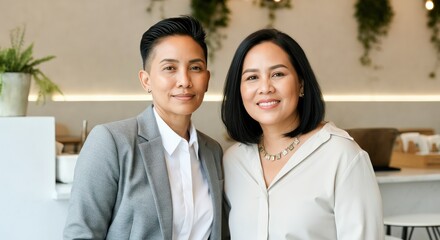 Professional asian female couple in modern office setting for business and creative collaboration concept