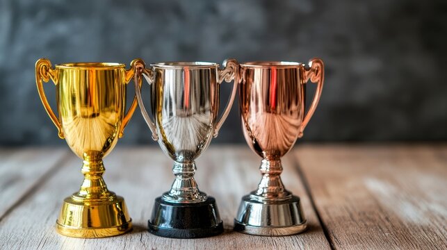 Three trophies in gold, silver, and bronze, symbolizing achievement and competition.