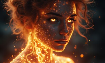 Illuminated woman with sparkling skin