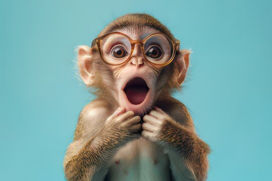 A surprised monkey wearing glasses, expressing shock and curiosity against a blue background.