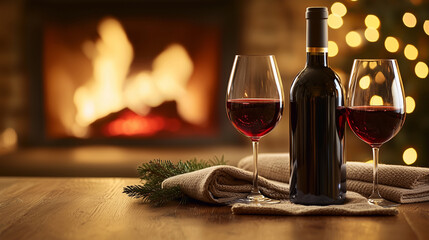 Cozy Night with Red Wine Glasses by Fireplace in Winter Setting