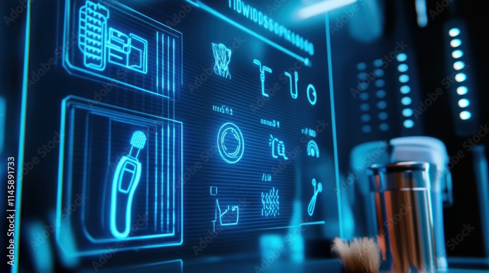 Poster Glowing blue interface display with abstract diagrams in modern kitchen.