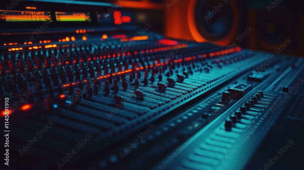 Aufkleber Closeup mixing console with knobs, faders in recording studio.