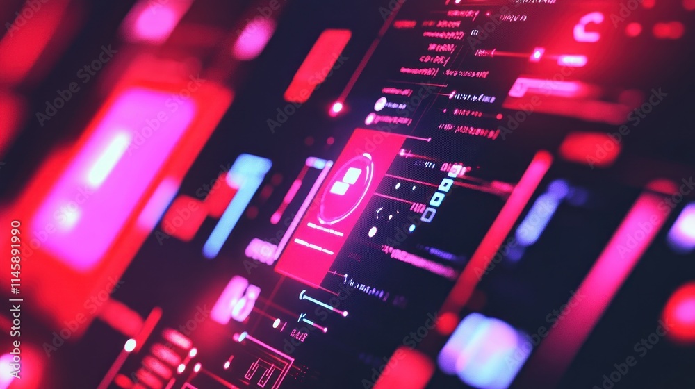 Poster abstract digital interface with red and blue glowing elements.