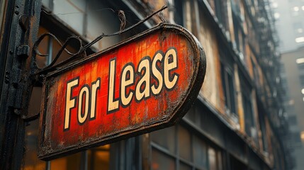 Obraz premium Vintage Rusty For Lease Sign Hanging Outside A Weathered Building In An Urban Area With A Moody Atmosphere And Soft Natural Lighting