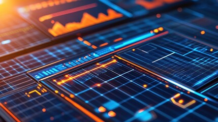 Futuristic data display with glowing lines and graphical elements.