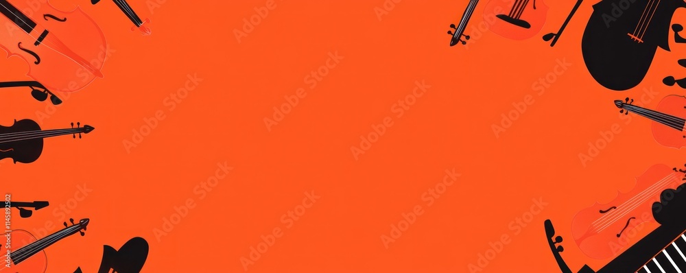 Poster string instruments and piano on orange.