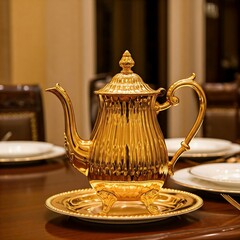 a luxurious gold teapot with ornate details, placed on a high-end dining table, golden teapot, luxury, dining, tea, porcelain, ceramic, ornate, elegant, high-end, tableware, kitchenware,