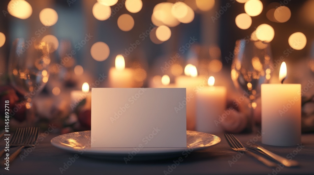 Poster table setting with lit candles, blurred bokeh background, and blank place card.