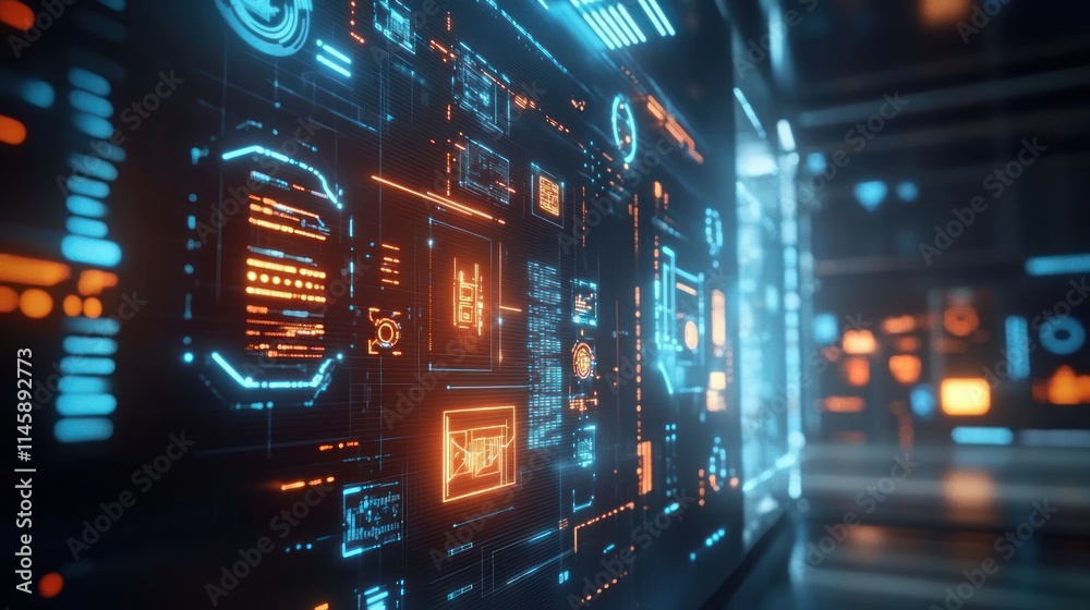 Aufkleber futuristic display with glowing orange and blue interfaces.
