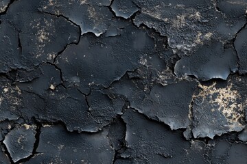 Seamless cracked black paint on a textured surface, revealing layers of peeling and weathered material.