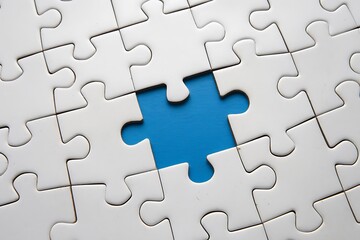 Close-Up of Pale Blue Jigsaw Puzzle with Missing Bright Yellow Piece at Center, Featuring Scattered Pattern on Light Gray Background for a Clean, Modern Aesthetic
