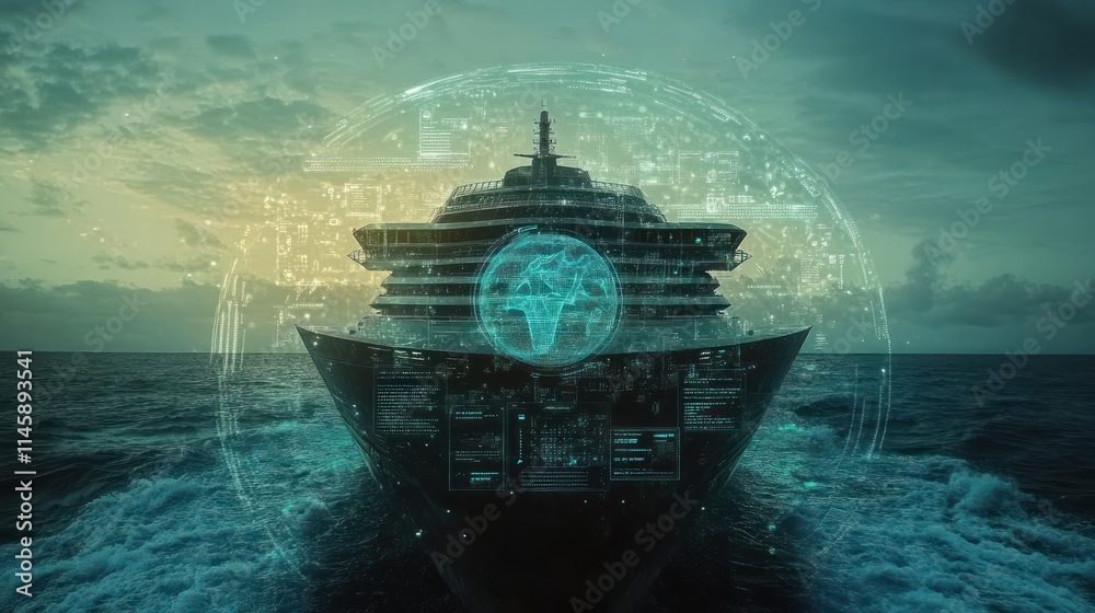 Poster cruise ship navigates with digital globe projection.