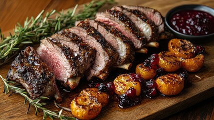Grilled venison ribs with baked vegetables and berry sauce on a wooden background, offering a gourmet, flavorful wild game dish perfect for meat lovers.