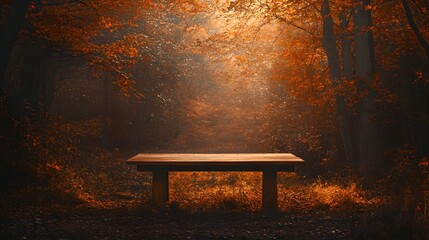 Wooden Table in Autumnal Forest Setting