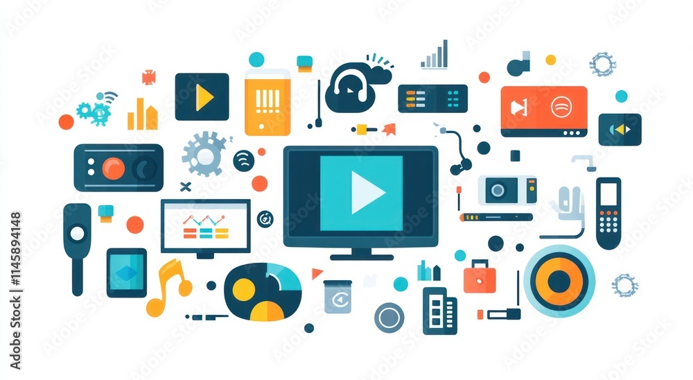 Poster Flat media icons with play button centered.