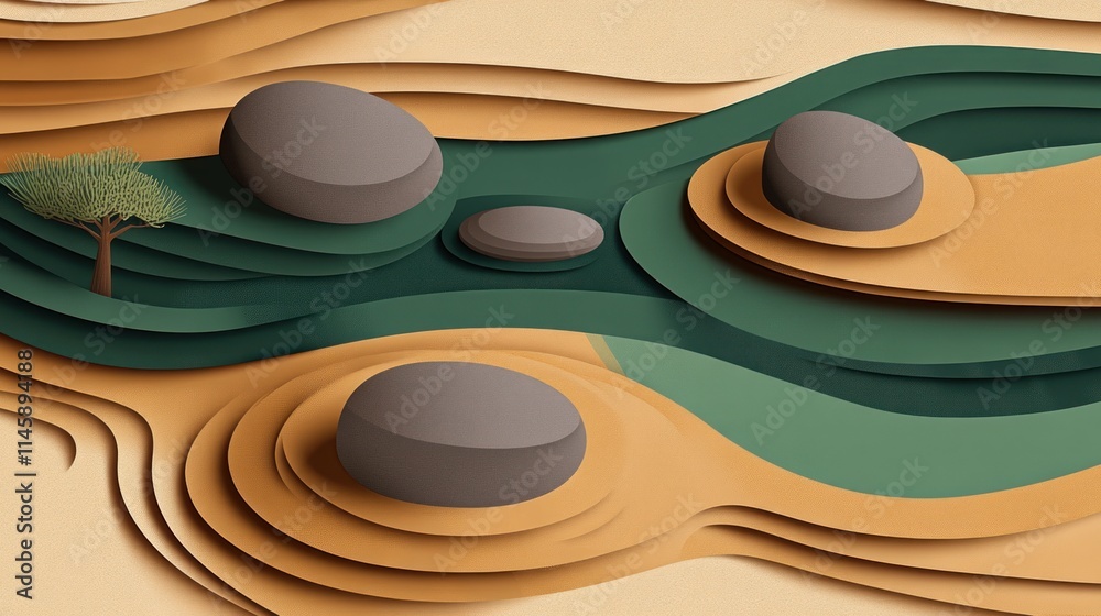 Poster abstract landscape with rocks, water and tree.
