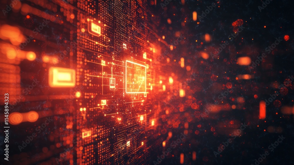 Poster orange glowing tech motherboard with circuit lines, depth of field.