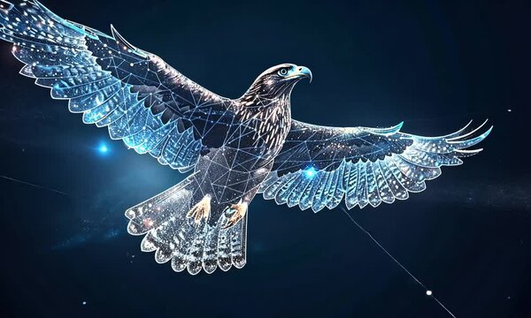 Abstract polygonal eagle in flight against a dark blue starry night sky.