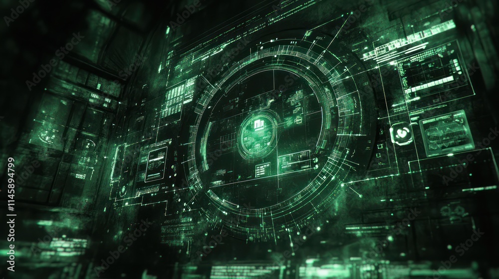 Poster Green futuristic HUD interface displaying data and information.