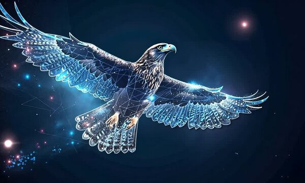 Abstract polygonal eagle in flight against a dark starry background.