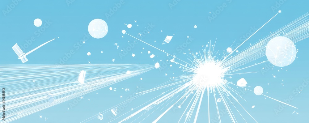 Poster Light burst with particles and geometrical shapes on light blue background.