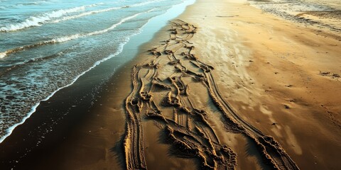 Car traces on the beach sand create an intriguing pattern, showcasing the interplay between nature and man made footprints. The car traces on the sand tell a unique story of movement and exploration.