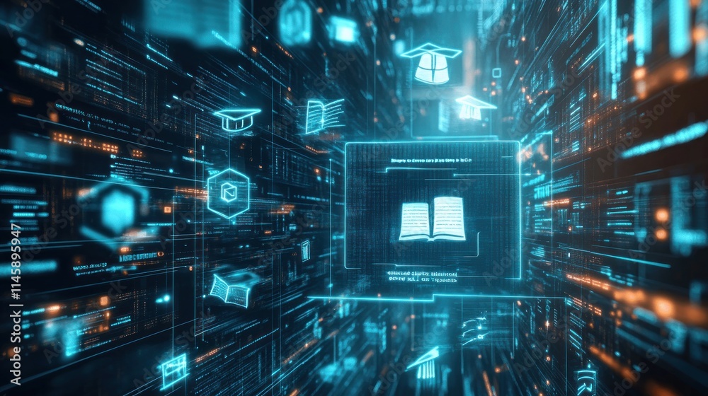 Poster Digital data icons and open book,  glowing tech.