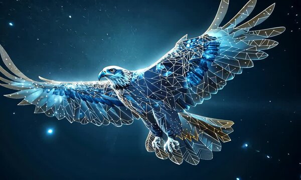 Abstract polygonal eagle in flight, glowing with light particles against a dark blue background.