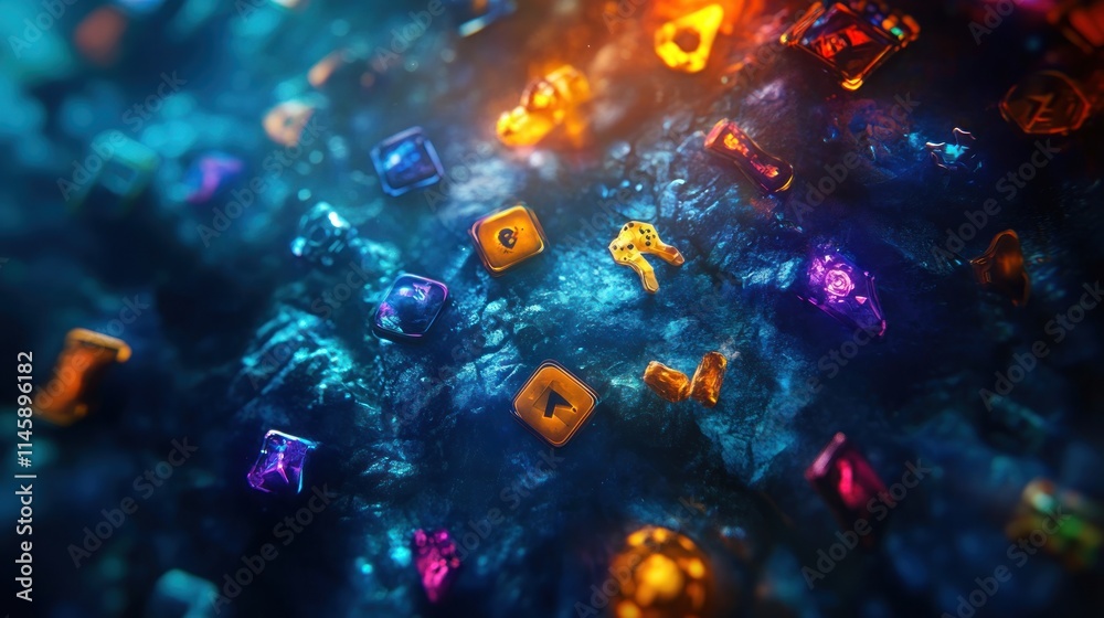 Poster abstract runes or symbols float in a textured, dark blue surface.