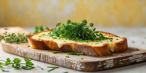 Crispy cheese toast topped with fresh herbs on a vibrant background at a cozy kitchen setting