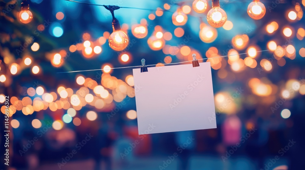 Fototapete Blank card hangs amid string lights creating warm bokeh.