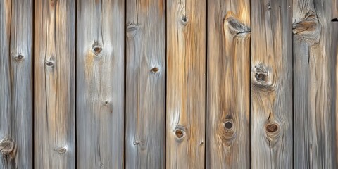 Fototapeta premium Close up of a wall featuring wooden planks, showcasing a fragment with vertical planks and visible knots. This wood texture serves as a natural decoration material for design themes.