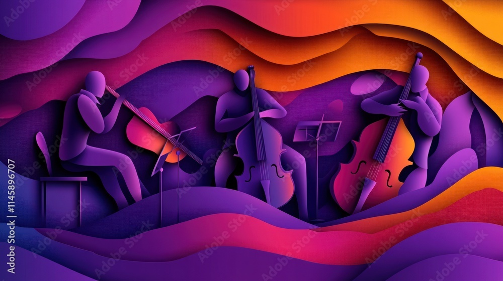 Poster abstract papercut musicians play stringed instruments.
