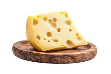 Extreme front view of a hyperrealistic Swiss cheese on a wooden tray isolated on a white transparent background