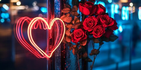 Obraz premium Valentine s Day decoration featuring neon love and vibrant red roses. Celebrate Valentine s Day with beautiful Valentine s Day decorations like neon love and stunning red roses.