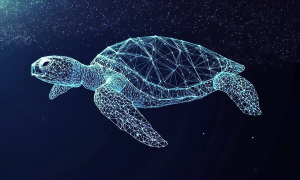 Abstract polygonal sea turtle swimming in dark blue water with glowing points of light.