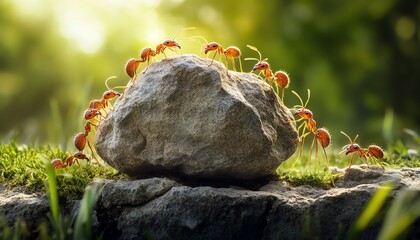 Realistic photo of a group of ants working together to lift a large rock, showcasing teamwork and collaboration, highly detailed, natural outdoor setting