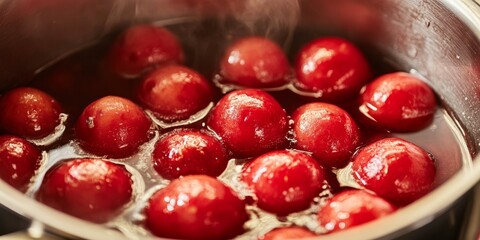 Bright red tubers are simmering in a clean pot filled with water, showcasing their vivid color as they cook.