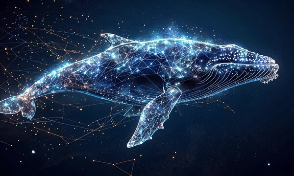 Abstract polygonal whale, glowing lines and dots forming a whale shape against a dark blue background.