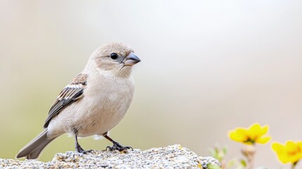 Fototapeta premium Small beige bird perched on rock with blurred yellow flowers.