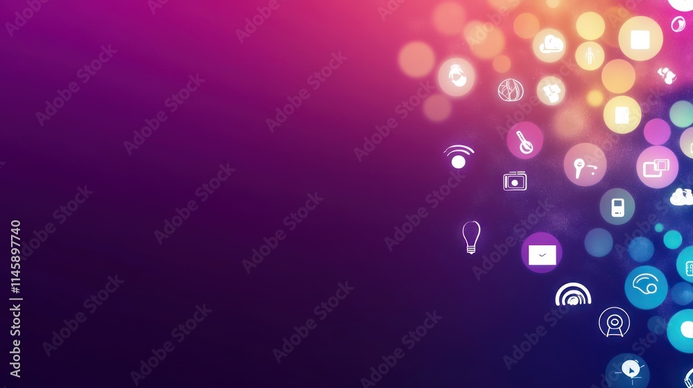 Poster Abstract icons float with blurred lights on a dark to bright gradient.