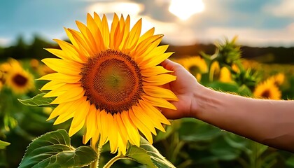 Hand near a yellow sunflower, outdoor natural scene with blurry background.