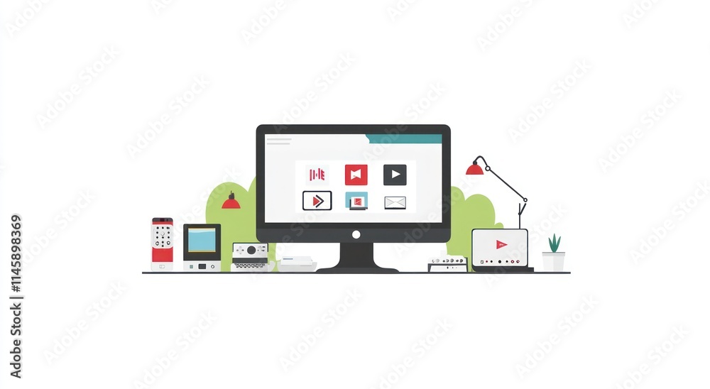 Poster vector illustration of various electronics on white background.