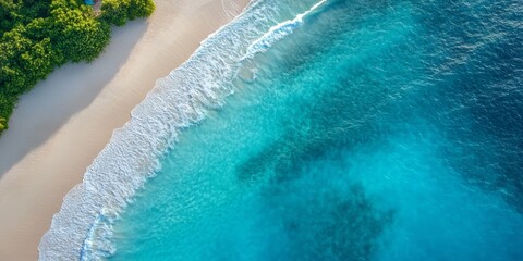 Aerial view showcasing a stunning sandy beach complemented by the beautiful turquoise water of the ocean, highlighting the captivating blend of beach and ocean scenery.