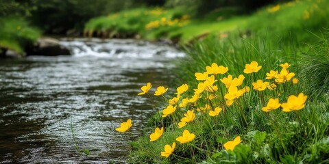 Obraz premium Vibrant yellow flowers blooming beside a river create a stunning scene. These yellow flowers contrast beautifully with the lush green grass background, enhancing the natural beauty of the landscape.
