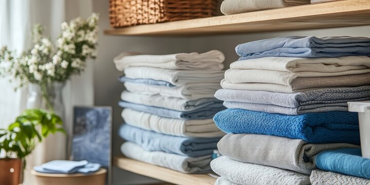 Stacks of clean clothes organized in a utility room showcase neatness and order, highlighting the importance of having clean clothes readily available in a well maintained utility room.