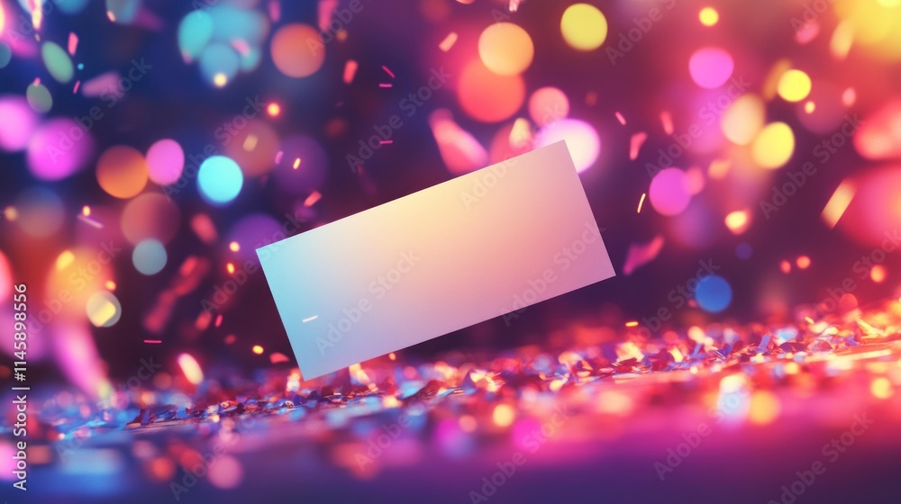 Aufkleber blank iridescent card floats amidst colorful bokeh and confetti.