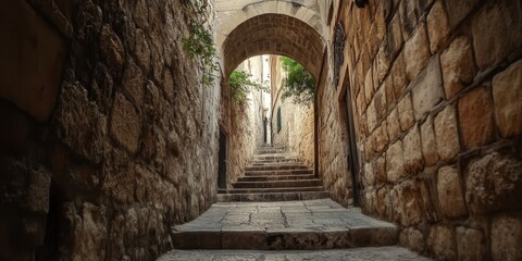 Obraz premium Historic passage within an ancient fortress, showcasing the unique architectural features and aged stonework of the fortress. Explore the intriguing passage that tells stories of the fortress s past.