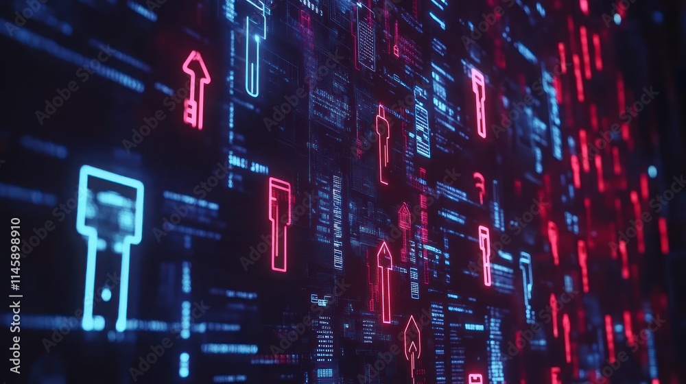 Poster Abstract digital neon arrows with data streams.